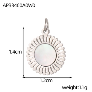 Detail van een ronde roestvrijstalen hanger met wit parelmoer ster en hart inleg