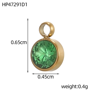 Detailed macro view of 0.65cm gold-plated pendant with green zircon gemstone and measurements