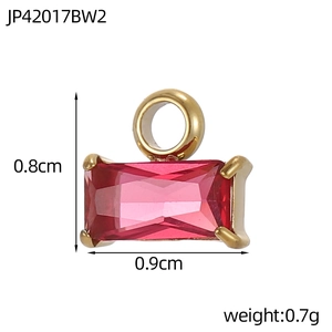 Detailed size chart of pink zircon pendant with gold frame measuring 0.8cm by 0.9cm