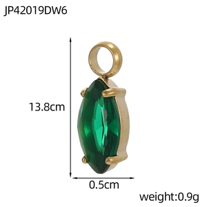 Macro detail of marquise green zircon pendant with gold plated claw setting and dimensions