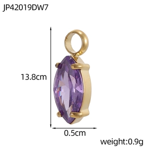 Detail view of purple zircon pendant with gold prong setting and size measurements