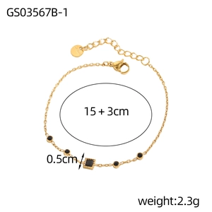 Gold plated geometric chain bracelet with black circular and square stones for women