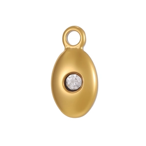 Detailed view of an oval gold pendant featuring a centered round clear zircon stone