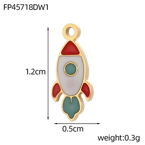 Miniature rocket charm with red and blue enamel coating showing precise size dimensions