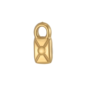 Detailed macro view of a polished gold geometric envelope pendant with textured cross lines