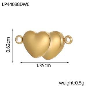 Golden stainless steel double heart jewelry charm with 1.35cm width and 0.62cm height
