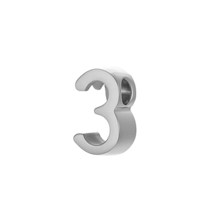 Polished silver stainless steel number 3 pendant bead with side hole detail
