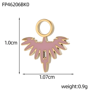 Detail view of pink enamel bird pendant with dimensions 1.0cm by 1.07cm and gold plating