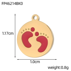 Golden round space pendant with red baby footprints showing 1.17cm dimensions and weight