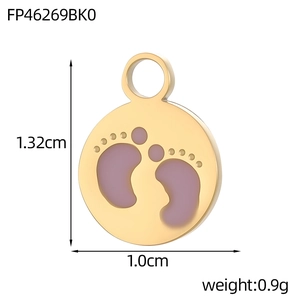 Detailed view of gold round charm with purple baby footprints and size measurements