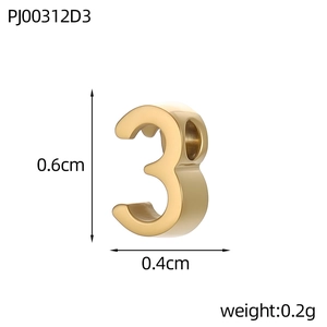 Golden number 3 charm in stainless steel for DIY jewelry, size 0.6cm by 0.4cm