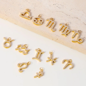 Set of 12 zodiac pendants in 18K gold-plated titanium steel with micro-pave white zircons