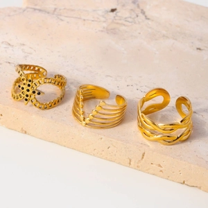 Three-piece gold plated stainless steel star and beaded open rings set for women