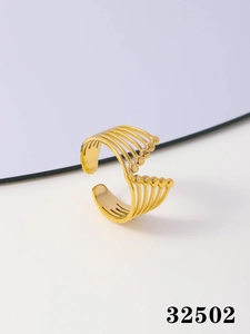 Close-up of minimalist layered gold-plated ring featuring streamlined design and metal beads