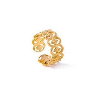 Elegant gold-plated stainless steel open ring with intricate hollow geometric patterns
