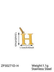 Colgante letra H de acero inoxidable dorado con medidas para joyería artesanal