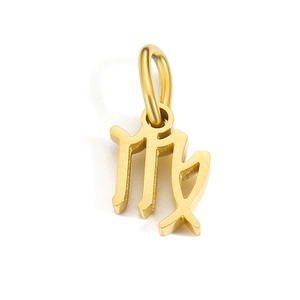 Detailed close-up of a golden Virgo zodiac sign pendant charm with a polished finish