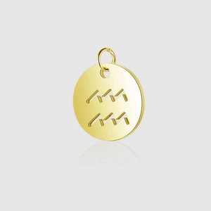 Close-up of golden Aquarius zodiac hollow pendant with polished stainless steel finish