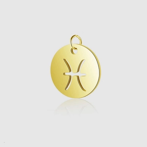 Detailed view of hollowed Pisces zodiac pendant in polished gold-plated stainless steel