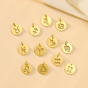 Set of 12 hollowed-out 12 zodiac constellation round pendants in gold stainless steel