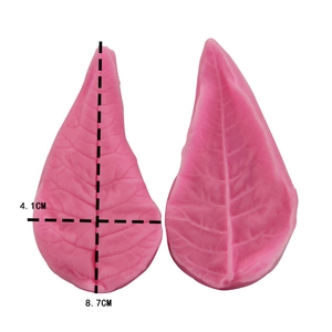 Detail view of pink leaf silicone mold with vein texture and size 8.7x4.1CM