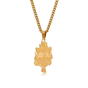 Collana con pendente a cuore e croce in acciaio inossidabile dorato e catena cubana