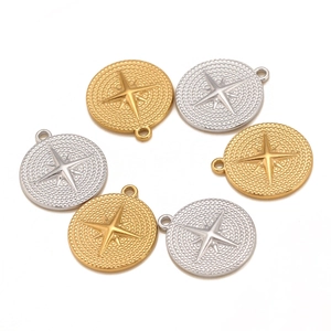 Set of six round stainless steel compass pendants with embossed star motifs in gold and silver