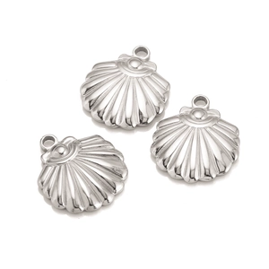 Polished stainless steel shell pendants with detailed scallop texture and hanging rings