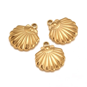 Detailed view of three gold plated stainless steel shell charms for DIY jewelry making