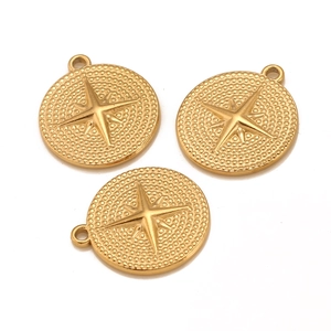Three gold-plated stainless steel round charms with embossed star and textured surface