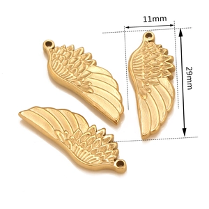 Three golden stainless steel angel wing pendants showing 11x29mm dimensions on white back