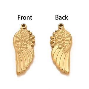 Polished gold stainless steel angel wing pendants with detailed front and back views