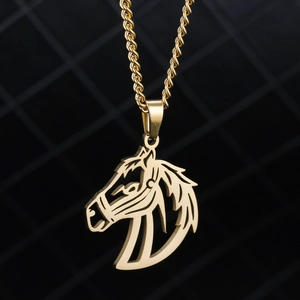 Collier hip hop homme avec pendentif tête de cheval évidé en acier inoxydable doré