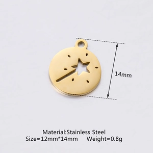 Polished gold stainless steel 12mm round star cutout fairy wand pendant charm