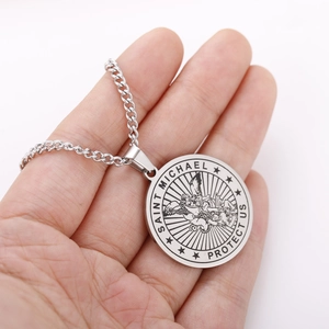 Stainless steel Saint Michael Archangel guardian coin necklace with classic cross chain