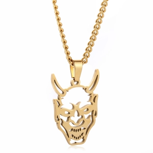 Pendentif masque Hannya doré en acier inoxydable avec grosse chaîne pour hommes