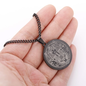 Ancient Egyptian Pharaoh Sphinx round pendant necklace in matte black stainless steel