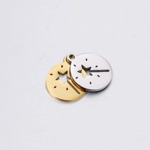 Polished stainless steel round magic wand charms with hollow star design for DIY jewelry
