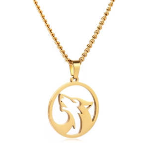 Collier avec pendentif tête de loup en acier inoxydable doré au design rond évidé
