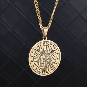 Golden Saint Michael Archangel pendant necklace with Saint Michael Protect Us engraving
