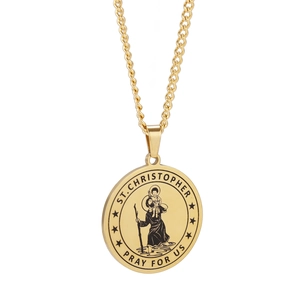 Gouden St. Christoffel medaillon ketting van roestvrij staal met religieuze reliëfgravure