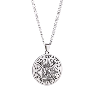 Silver Saint Michael archangel protection pendant necklace with engraved round coin medal