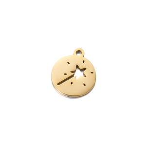 Golden mirror stainless steel round pendant featuring a hollow star magic wand design
