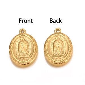 Pendentif ovale doré de la Vierge Marie pour colliers avec vues de face et de dos