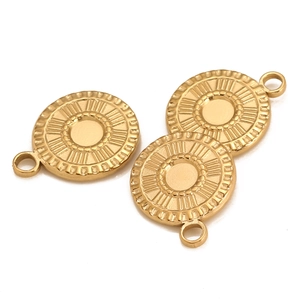 Detailed view of round golden sunburst stainless steel charms with dual loops for DIY jewelry