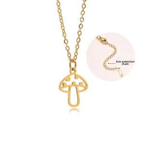 Collana con ciondolo a fungo in acciaio inossidabile dorato con catena regolabile da 5 cm