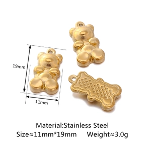Three golden stainless steel teddy bear pendants showing dimensions and back grid texture