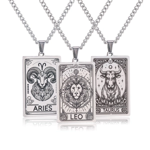 Vintage stainless steel zodiac tarot card pendants for Aries, Leo, and Taurus on O-chains
