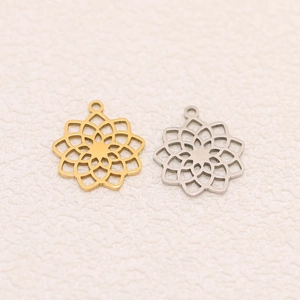 Macro detail of polished stainless steel hollow lotus flower mandala pendants in gold and silver