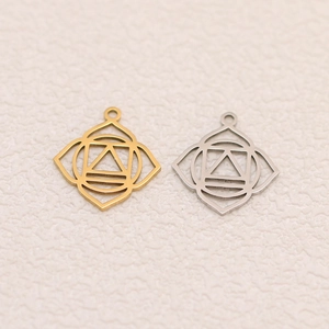 Detailed close-up of geometric hollow lotus yoga OM pendants in gold and silver finish
